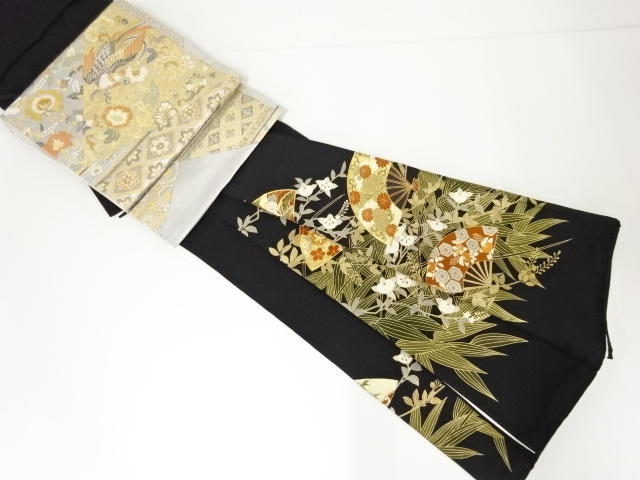 リサイクル　金彩扇に花鳥模様刺繍留袖・袋帯セット(比翼付き)